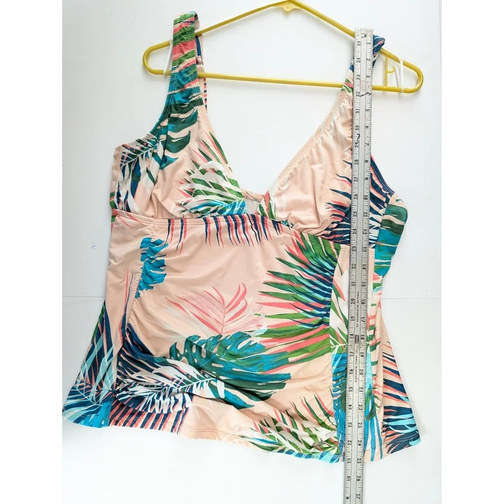 Liz Claiborne Tropical Palm Print Tankini Top Peach Pink Blue Green Size 16